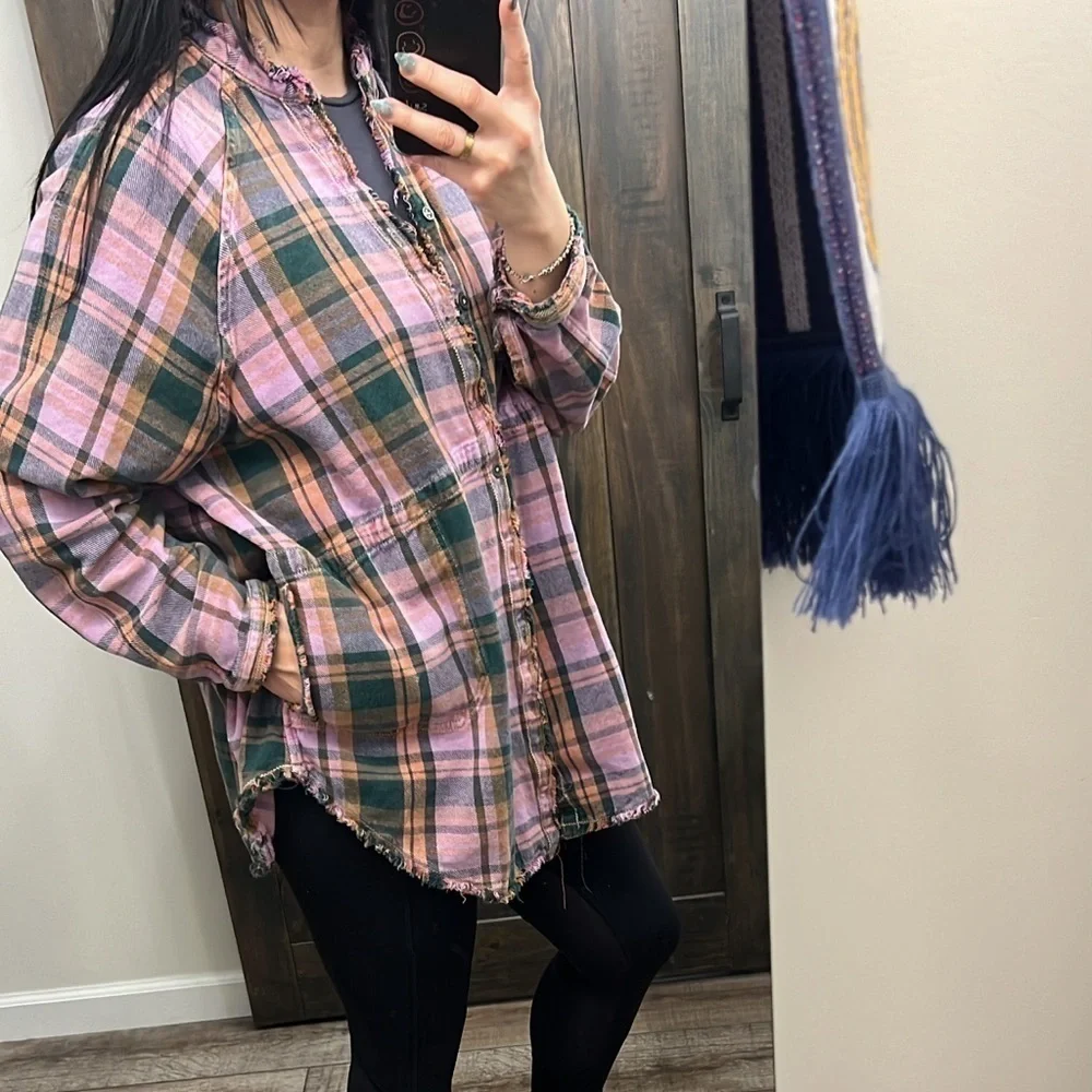 We The Free | Oversized Frayed Plaid Button Up Shirt Pink & Green - Picture 9 of 12